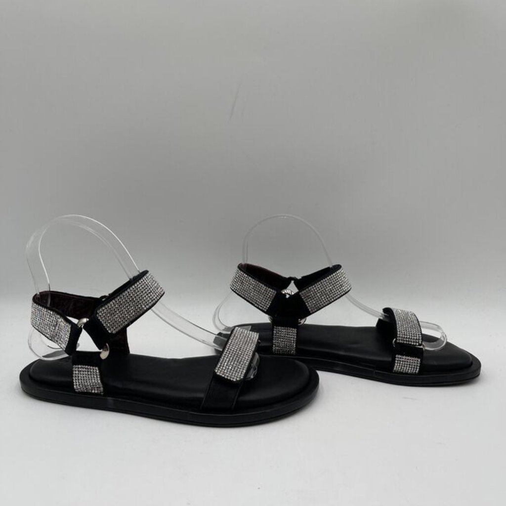 Staud Betty Rhinestone Sandals Black Leather Size 37.5 Msrp $395